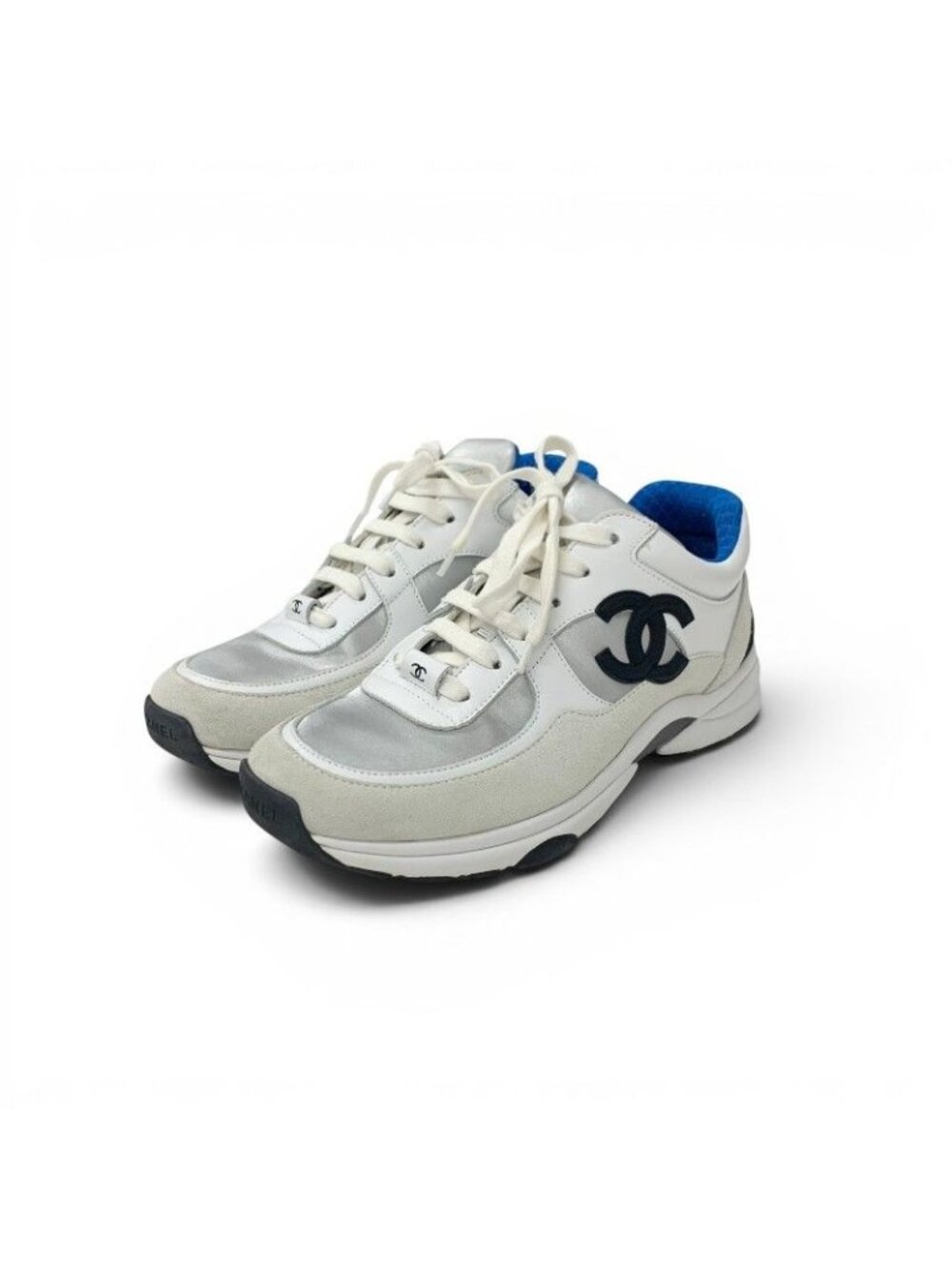 Chanel Sneakers Leather Fabric Suede White Black Blue CC Logo